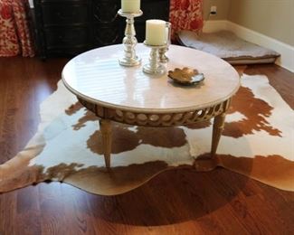 Cow Hide Rug   & Marble Top Coffee Table