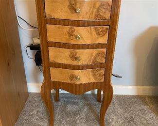 #22	Jewelry chest with inlaid wood, 4 drawers 15"x12"x30"	 $60.00 
