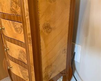 #22	Jewelry chest with inlaid wood, 4 drawers 15"x12"x30"	 $60.00 

