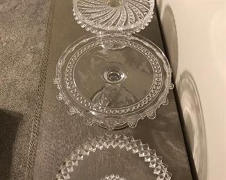 Beautiful collection of vintage Fenton, Fostoria, Hobnail and many other cake plates and Noritake, etc. china!