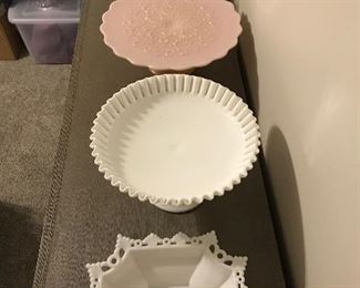 Beautiful collection of vintage Fenton, Fostoria, Hobnail and many other cake plates and Noritake, etc. china!