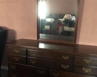 $895 - Vintage Ethan Allen Georgian Court Queen Anne Cherry Traditional Triple Dresser and mirror. Fine Furniture. 66ʺW × 20.25ʺD × 34ʺH. Slight scratch on top from everyday use. Beautiful heavy piece.