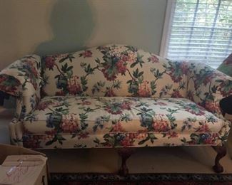 $1500 (COMBO Couch and Matching Designer Fabric) (photo #1) - Park Place Furniture, Hand Tailored Designer Bench Couch. Carved claw-foot legs on front. Straight back legs. (couch $650) + PLUS, bolt of 50 yards of identical designer fabric (fabric was purchased for $1500, selling for $850). Beautiful combination.