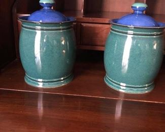 $145 - PAIR of hard to find DENBY METZ Biscuit Barrel / Storage Jars / Canisters and Lids: Blue top & inside, Green Outside. Stoneware, crafted in England. Excellent condition, No chips or cracks. 7-3/4" tall (with lid on) has a top diameter of 5" and weighs 3-1/2 pounds. Microwave Safe, Oven Safe, Dishwasher Safe. Bright deep rich colors and can endure frequent use without showing wear. The Metz pattern was only made 1996-2004.