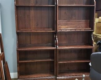 Vintage Ethan Allen Antiqued Old Tavern Dark Pine Bookshelf and Hutch. Each unit is two pieces - hutch is removable. The style is casual. TWO of these bookshelf/hutch combos are available for $250 each. $450 for all 4 pieces (both sets shown)