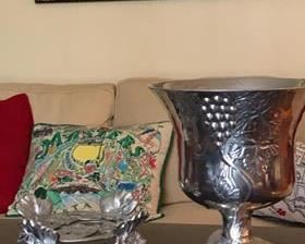 $165 - (photo #1) Arthur Court Grapes and Grape Leaves Raised Champagne / Ice Bucket. VERY RARE. Polished Aluminum Decorated with grapes and grape leaves. Heavy. About 11 1/4" tall, 11 1/4" across. Excellent condition. Never used.