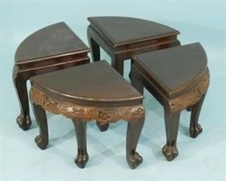 $950 - (photo #1) Hand carved, Chinese Tea Table with four quadrant stools in solid hardwood Mahagony. (Includes a glass top which is not shown in this photo.) Impressive centerpiece to living room, corporate lobby, or office. Table and 4 seats in this set. Next photo is of the seats. TWO of these Tea Table sets are available. $950 ea or take both for $1800.