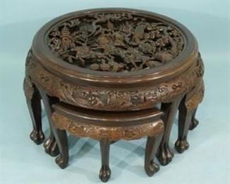 $950 - (photo #2) Hand carved, Chinese Tea Table with four quadrant stools in solid hardwood Mahagony. (Glass top, which is not shown in this photo.) Impressive centerpiece to living room, corporate lobby, or office. Table and 4 seats in this set. Previous photo is of the seats. TWO of these Tea Table sets are available. Take both for $1800.