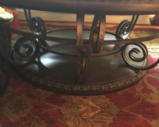 $275 - (photo #4) Howard Miller Clock Table. Galliano. Oval. Beauty of a clock with the functionality of a table. Aged espresso finish. Sculpted metal legs finished in antique gold. Excellent condition.