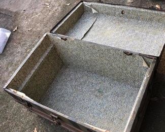 Antique Steamer Trunk. (photo #3) Collector’s item. Believed to be post Civil War. Wood & metal. Flat top, body supported with wood slats, hasp lock, triangular hinges, casters, leather handles, paper lining which was common through the late 1800s. - $300.