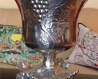 $165 - (photo #2) Arthur Court Grapes and Grape Leaves Raised Champagne / Ice Bucket. VERY RARE. Polished Aluminum Decorated with grapes and grape leaves. Heavy. About 11 1/4" tall, 11 1/4" across. Excellent condition. Never used.
