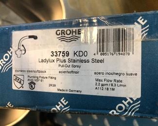 Brand new, GROHE faucet. (Photo #4) Ladylux Plus Stainless Steel & soft black. Soft touch pull-out spray head switches from stream to spray. GROHE SilkMove ensures smooth, precise handle motion. Compatible with GROHE Foot Control 30310000.
WE HAVE TWO OF THESE FAUCETS.
Retails $550, Asking $300 EACH