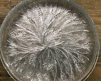 Six wheat etched glass dinner plates - $25