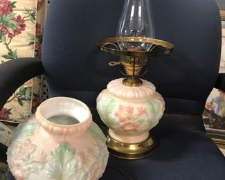 Vintage oil lamp style decorative electric lamp, milk glass with raised painted flowers on the base and shade. Clear glass chimney. $45 (Photo #2)
