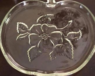 Six - Vintage Hazel Atlas Clear Glass Apple Blossom Snack Plates. Approx 7-in. diameter - $30 for set of 6