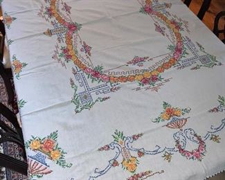 Vintage hand embroidered linen tablecloth in good condition 82"x68" - Price $60