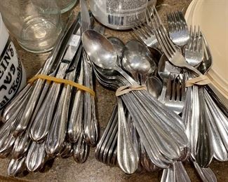 SILVERWARE:  Brand- RETRENEAU
Dinner
21 Knives
15 Forks & 20 Spoons
Dessert 
1 Sm Fork & 3 Sm Spoons
Total: 60 pieces  FOR ONLY $180