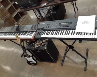Yamaha keyboards, Peavey amp, guitar, Grand Rapids Co. trumpet