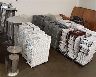 party rental wood and plastic tables, mahogany and plastic folding chairs, patio heaters