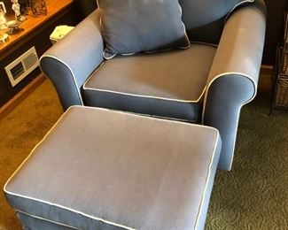 Blue/gray upholstered armchair with ottoman and matching sleeper sofa.....