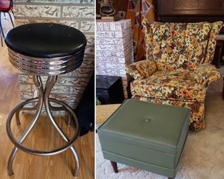 Retro Chrome Stool - Upholstered Chair & Vinyl Ottoman