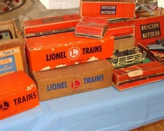Vintage Lionel, HO scale, V Type Trainmaster Transformer, 3656 Cattle Car + Stockyard, 316 Trestle Bridge, Non Derailing "027" Switches, 3456 Operating Hopper, 456 Coal Ramp w Controller, 362 Barrel Loader, 6464-50 St Louis Box Car, 6561 Flat Car Cable Reel, 3482 Operating Milk Car Set, 410 Billboard Blinker, 110 Trestle Set, 3562-25 Operating Barrel Loader, 022 Remote Control Switches, original box, instruction sheets, original paperwork