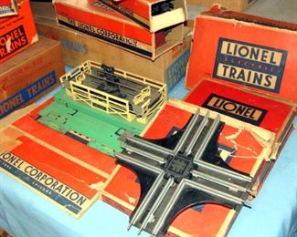 Vintage Lionel, HO scale, model trains, original box, 3656 Cattle Car + Stockyard, 316 Trestle Bridge, Non Derailing "027" Switches, 3456 Operating Hopper, 456 Coal Ramp w Controller, 362 Barrel Loader, 6464-50 St Louis Box Car, 6561 Flat Car Cable Reel, 3482 Operating Milk Car Set, 410 Billboard Blinker, 110 Trestle Set, 3562-25 Operating Barrel Loader, 022 Remote Control Switches, original box, instruction sheets, original paperwork