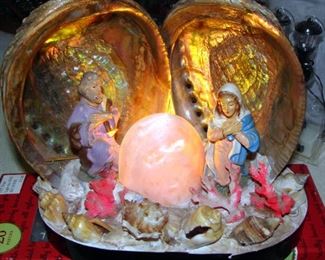 Vintage, Nativity, Christmas, TV lamp, light, seashell, abalone, electric