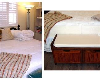 Pillow top mattress, king size, headboard, floor lamp, frosted glass, tall bookcase, blanket chest, bench, vintage doll, Madame Alexander, throw pillows, linens