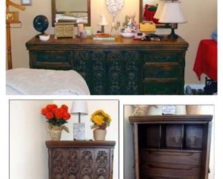 Vintage, Mid Century, 1970's, Mediterranean, bedroom set, 5 piece, dresser, mirrors, armoire, high-boy, tall chest, lamps, framed prints, jewelry chest, jewelry box