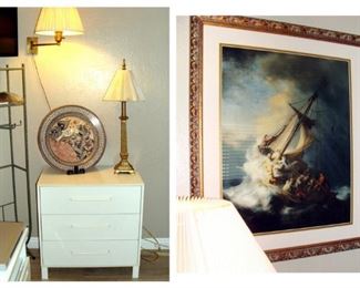 Metal shelf unit, silent butler, valet, pants holder, closet organizer, 3 drawer dresser, modern, framed print, seascape, sailing, sailboat, religious, table lamp, wall lamp, Mexico, Mexican pottery, Tonala, platter, hand-painted