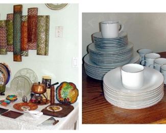 China set, service for 8, Wall decor, vintage Copper fondue, hand-painted, Pottery, Mexico