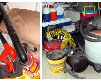 Leaf blowers, Black & Decker, Shop-Vac, pneumatic air compressor, tank, Porter Cable air compressor, coolers, thermos, Igloo, Coleman