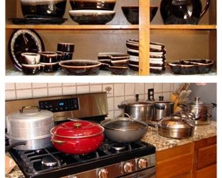 Vintage, Hull, Pfaltzgraf, Brown drip, pottery, Bean pot, serving bowls, deviled egg tray, cups, corn holder dish, divided dish, platter, vintage cake carrier, pots, pans, stock pot, soup pot, saute, Wok, stainless steel, enamel