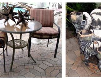Iron patio set, cafe table, chairs, cushions, Skunk fountain, Moravian stars, punched tin, electric, 