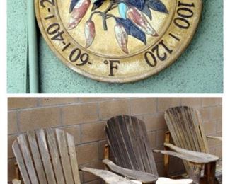 Outdoor wall thermometer, wood Adirondack chair, chairs, ottoman, patio furniture, pool furniture