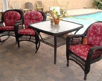 Wicker furniture, indoor, outdoor, patio set, umbrella table, arm chairs, rocking chair