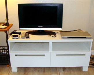 Media, entertainment, console, white, modern, TV cabinet, Samsung, flat screen, television, computer, monitor, Sony, DVD player, reader, writer, recorder