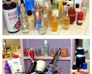 Perfume, body spray, lotion, blow dryers, curling irons, beauty products