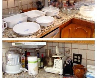 Vintage, Corning Ware, Blue Cornflower, pie plate, casserole, baking dish, loaf pan, covered serving dish, canister set, Pyrex, small kitchen appliance, juicer, food processor, electric can opener, Houdini wine bottle opener