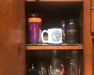 Glassware and mugs, tea tins
