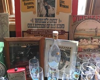Reproduction vintage tin firearms art, Slovakia glass decanter, champagne and shot glasses