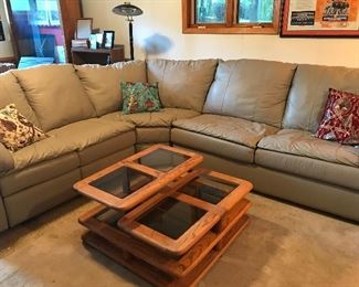 Sectional is sold, vintage 80s swing top oak and glass cocktail table