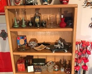 Vases, masks, slag glass tissue holder etc. (bookcase not for sale)