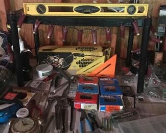 Tools, nails, screws, level,  very cool shotgun shell Christmas lights