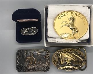 Colt Firearms belt buckle, sterling cuff links 
