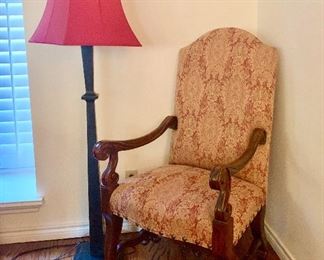 Pair of Upholstered Arm Chairs & Floor Lamp
