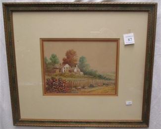 FRAMED & MATTED LANDSCAPE WATERCOLOR. UNSIGNED. IMAGE IS 9.5" X 7"