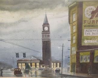 H.G. POPP WATERCOLOR OF KING STREET STATION SEATTLE. 19" X 12.5". HAS FOXING