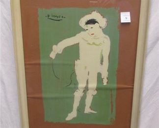 VINTAGE PICASSO SERIGRAPH - WHITE CLOWN LE PETIT PIERROT. APPEARS TO HAVE BEEN FRAMED IN THE EARLY 60'S. PAPER IS NOT FLAT UNDER GLASS